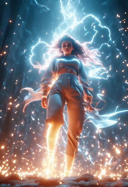 A character with an hourglass body wearing shorts clothes with high to low view, a colder color grading, cinematic color, cinematic lightings, fresh colors, facial muscles, hot,sexy,breast,thunder lights. 4k resolution, ultra HDR, and ghostly beauty, glowing clones