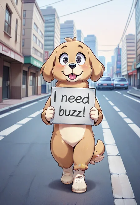 masterpiece, need_buzz, holding sign, 1cute dog, solo, looking at viewers, outside,road, empty road, full body view,full body, front view, wearing cute outfit,city background behind
