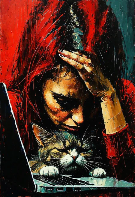 Photo. Profile of a woman and her cat, facepalm, looking at her laptop.  Her cat is looking too.