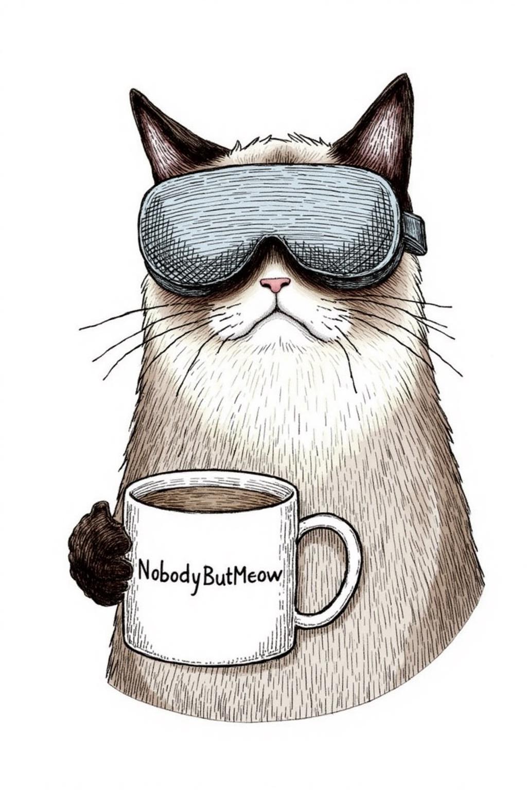 edwardgorey1 illustration.
 Grumpy Cat wearing a VR Headset, holding a coffee mug. The mug has the phrase "NobodyButMeow" printed  <lora:edwardgorey1_d8a4e9:1.0><lora:864715604668483455:0>