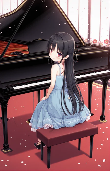 1girl, piano, solo, long hair, dress, flower, sitting, instrument, black hair, blue dress,grand piano, looking at viewer, hands on lap, bare shoulders,ribbon
<lora:Hachiroku_Maitetsu_for_Illustrious:1>hachiroku,very long hair,red eyes,((straight hair))hair ornament, hair stick,((blush))smile,(looking at viewer),shoes,Feet don't touch the ground,(back view),(looking back over the shoulder)
<lora:girl_playing_a_piano:1>girl_and_piano, (playing instrument), instrument, piano, sitting, grand piano,bare hands,(falling petals)play the piano
<lora:StS_Age_Slider_Illustrious_v1:-5>,short