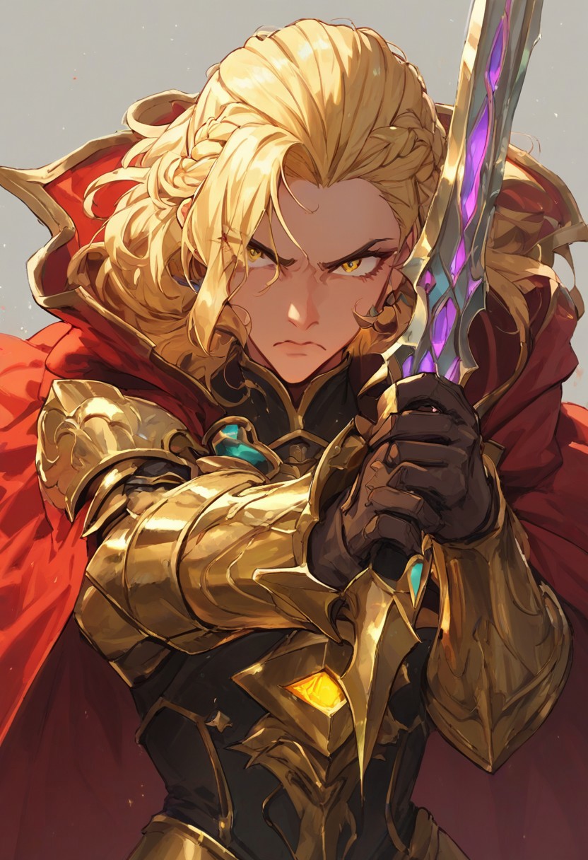 score_9, score_8_up, score_7_up, score_6_up, score_5_up, score_4_up, 
paladin lady holding glowing sword, blonde hair, braid, ornate golden armor, ornate pauldrons, black corset, glowing yellow eyes, red cape, upper body, face focus