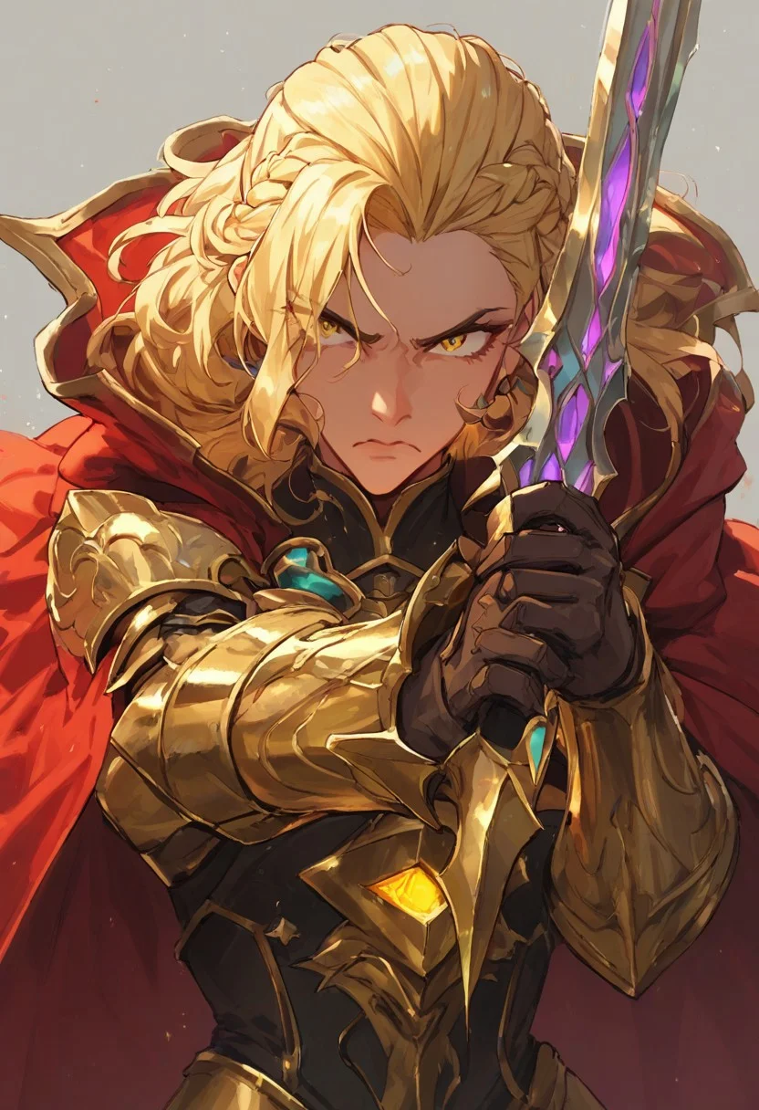 score_9, score_8_up, score_7_up, score_6_up, score_5_up, score_4_up, 
paladin lady holding glowing sword, blonde hair, braid, ornate golden armor, ornate pauldrons, black corset, glowing yellow eyes, red cape, upper body, face focus