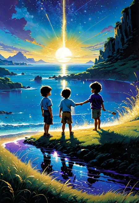fluorescent horizon,
Two boys play on the seashore under a starry sky painted in vibrant shades of blue, purple and gold. One of them waves his hand, releasing a golden stream of sparks into the night sky, as if performing magic. While the other, raising his hands, enthusiastically watches this spectacle. The scene is complemented by thickets of grass in the foreground and dramatic mountains on the horizon, creating a serene atmosphere of magic and the boundless imagination of childhood.
Art by Bernie Wrightson, Darek Zabrocki, Gabriele Dell'otto, Ai Yazawa, Alexi Bricot, Studio Ghibli Genshin Impact