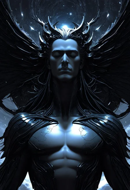 Create an image of Morpheus, the Greek god of sleep, standing amidst a dreamscape, his presence both ethereal and serene. His form is cloaked in black flowing robes made of shifting, mist-like fabric, as if woven from the very essence of slumber. His face is youthful and calm, with eyes closed as if in a perpetual state of peaceful rest, yet his expression radiates quiet power and tranquility. Around him, a surreal dreamworld unfolds—floating islands, soft clouds, and twisted, otherworldly visions fill the air. Morpheus’s outstretched hand gently releases tendrils of glowing, opalescent mist that curl and transform into dream-like visions—fragments of memories, desires, and fears. His wings, delicate and translucent, shimmer like a reflection of moonlight on water. The atmosphere is peaceful, yet slightly surreal, as if the boundaries between reality and dream are blurred. The scene captures Morpheus’s divine ability to shape dreams and bring rest, embodying the quiet, mysterious force of sleep.
black long flowing hair, pearl white skin
, moody light, by H.R Giger, 4k resolution digital art trending on Artstation and unreal engine 5, hyperrealism, full body shot, glowing eyes, cinematic, epic, masterpiece, surreal, fantasycore, hyperdetailed, ultra realistic, octane render, volumetric lighting, depth of field, bokeh, 8 <lora:Details:0.85>