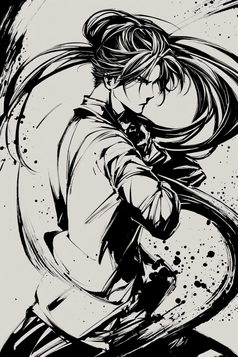 score_9,score_8_up,score_7_up,masterpiece,best quality,
solo,male focus,1boy,monochrome,greyscale,long sleeves,fighting stance,long hair,
<lora:okazu_XL_PONY:0.9>,