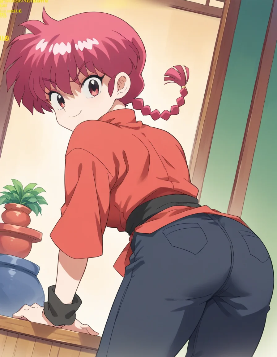 score_9, score_8_up, score_7_up, source_anime, <lora:ranma-saotome-leak-ponyxl-lora-nochekaiser:1>, ranma saotome, braid, red hair, single braid, braided ponytail, red eyes,, pants, chinese clothes, tangzhuang,, indoors, bent over, smile, smug, looking at viewer, solo,, cowboy shot, dutch angle