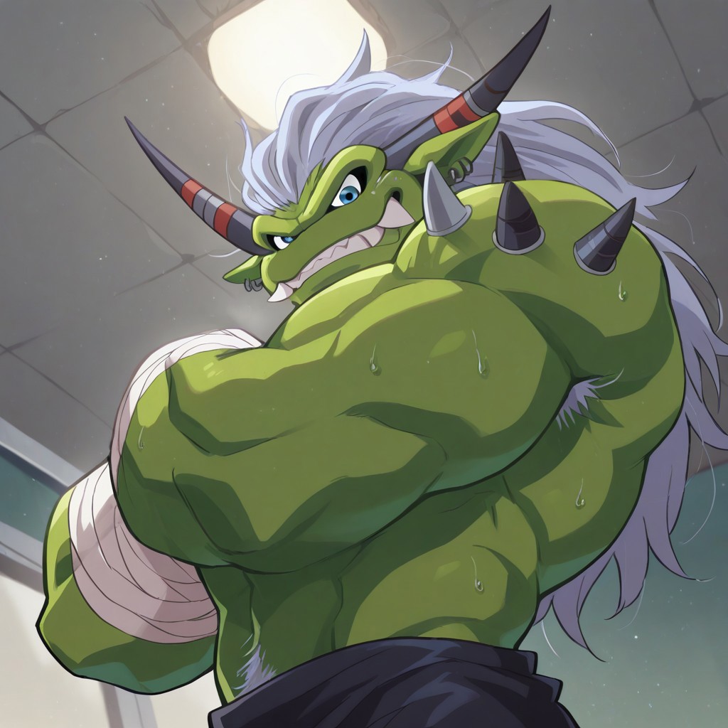 High quality, good shots, ogre10101110, Ogremon, digimon, 1boy, solo, green skin, blue eyes, teeth, open mouse, no nose, bandages, loincloth, horns, black horns, gym background, flushed, side angle shot, arms crossed, looking at viewer, upper body shot, shy,