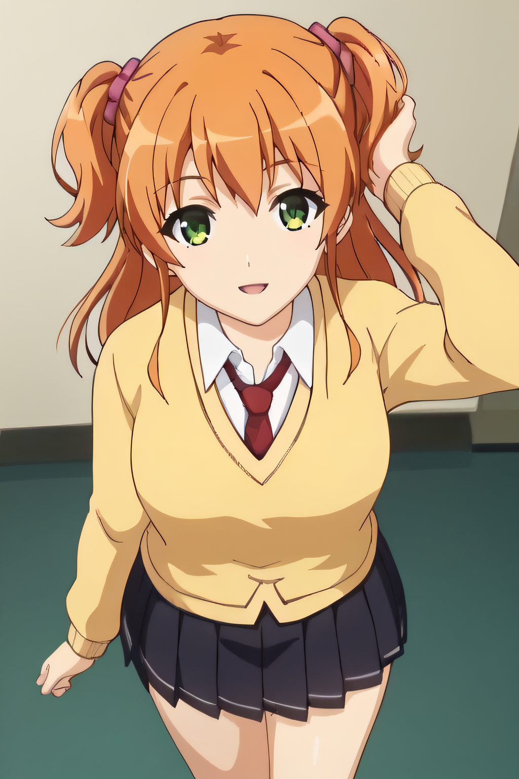 score_9, score_8_up, score_7_up, source_anime, rating_safe, intricate details, anime screencap, official style, 1girl, <lora:Riko:1>, riko, orange hair, two side up, green eyes, collared shirt, school uniform, yellow sweater, red necktie, black skirt, pleated skirt, scrunchie, looking at viewer, smile, indoor, cowboy shot, from above, thighs, parted lips, hand on hair