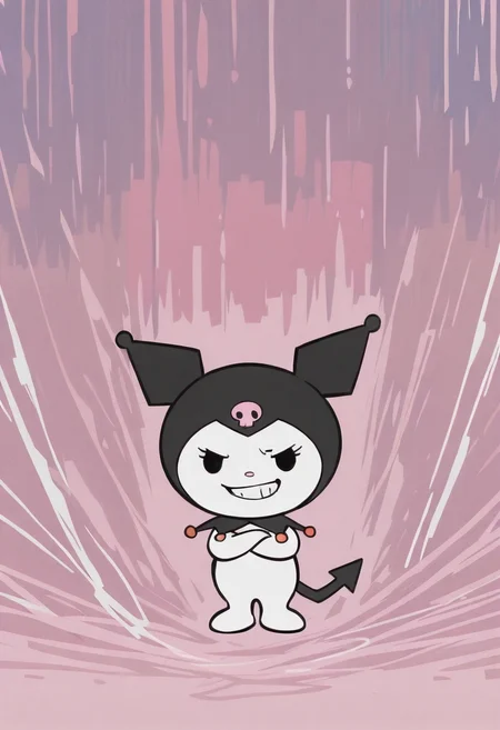 <lora:disco_elysium:0.8> disco_elysium
1girl, chibi, snickering, wide grin, full body, arms crossed,
painterly, abstract background, surreal, pink theme, portrait
 <lora:Kuromi-10-ill-:1> kuromi, <lora:StS_PonyXL_Detail_Slider_v1.4_iteration_3:2>