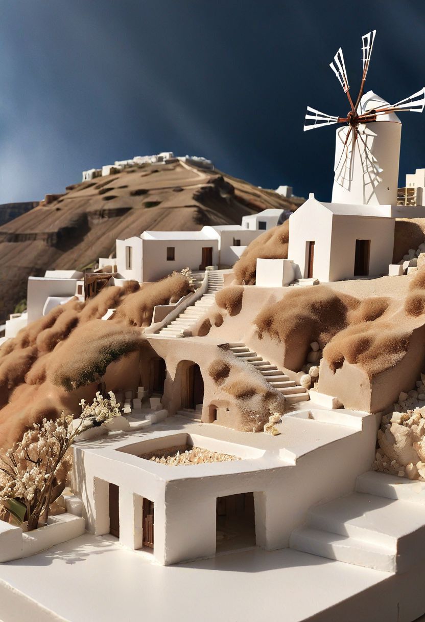 RAW photo, studio shot of an architecture physical model,art by Eleanor Vere Boyle and Andreas Untersberger, hantu ulat sutera adaptive and halcyon atmosphere with dispersion, refined details, Santorini model, style by nty, Greece island,Santorini Windmill,Architecture physical model