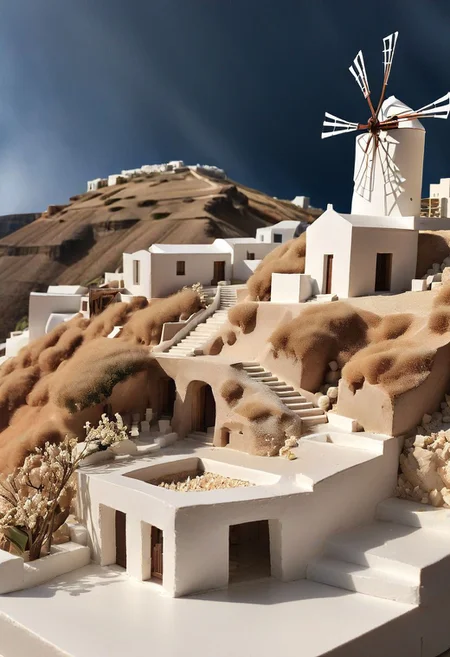 RAW photo, studio shot of an architecture physical model,art by Eleanor Vere Boyle and Andreas Untersberger, hantu ulat sutera adaptive and halcyon atmosphere with dispersion, refined details, Santorini model, style by nty, Greece island,Santorini Windmill,Architecture physical model