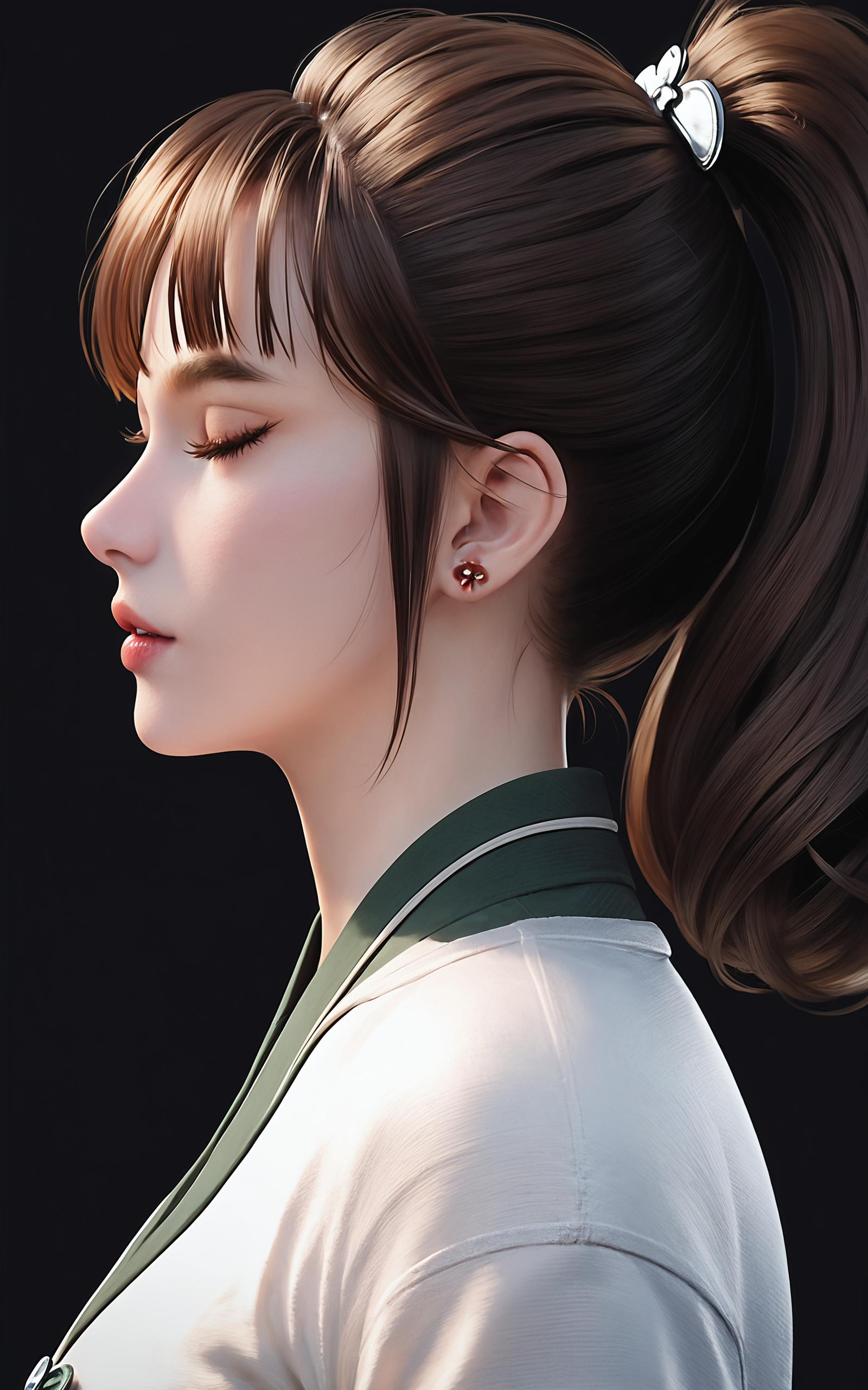 score_9,score_8_up,score_7_up,
<lora:ruanxiuPony-000001:1>,
ruanxiu,1girl,solo,jewelry,earrings,closed eyes,profile,realistic,brown hair,simple background,ponytail,japanese clothes,lips,from side,nose,portrait,eyelashes,long hair,bangs,parted lips,dark background,