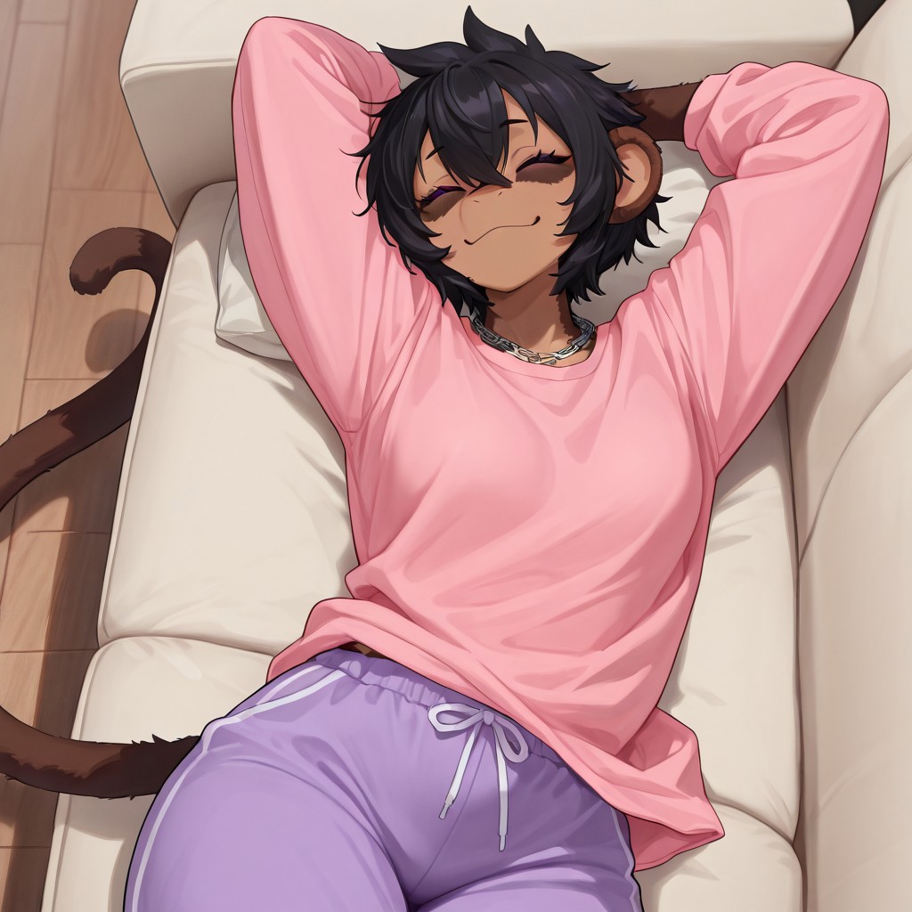 masterpiece, best quality, newest, absurdres, highres, furry, perfect anatomy, MewMewM,1girl,solo,furry,furry female,short hair,black hair,hair between eye,animal ears,purple eyes,necklace,body fur, brown fur,monkey tail, pink shirt, oversized shirt, purple pants, pajama pants, living room, couch, happy, smiling, lying, stretching arms, closed eyes,