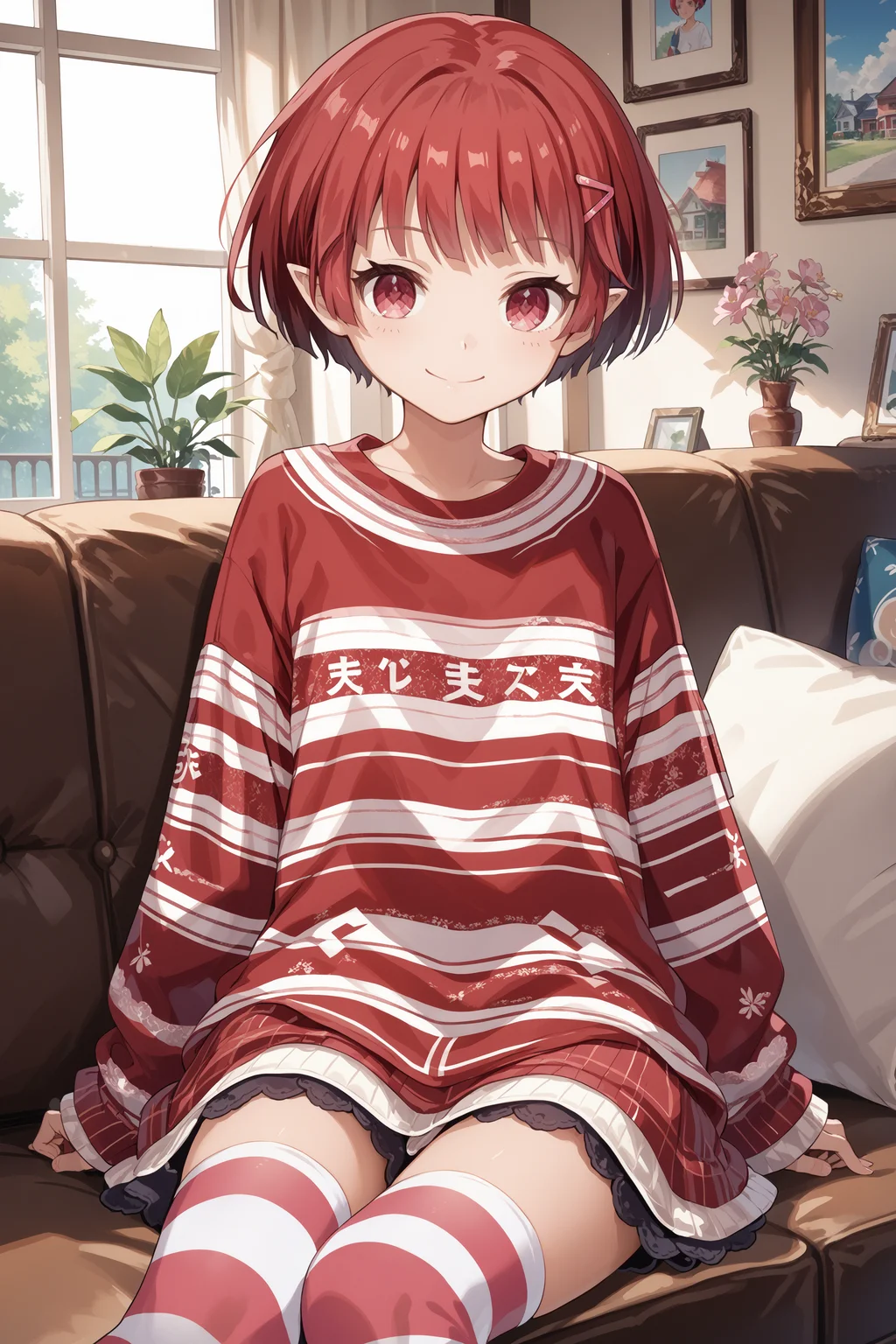 score_max, (score_9, score_8_up, score_7_up:1.2), score_6_up, official art, source_anime,
, masterpiece, absurdres, high detail, 8k,
house, living room, couch, portrait,
sitting, hand up, light smile,
xxxx, jigita, red hair, hairclip, pointy ears, shirt, long sleeves, striped thighhighs,
<lora:XL_Pony_gomaotsu-digitalis-t1:1>