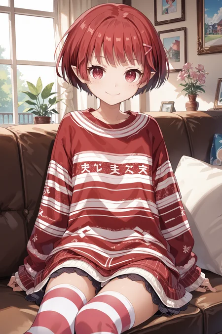 score_max, (score_9, score_8_up, score_7_up:1.2), score_6_up, official art, source_anime,
, masterpiece, absurdres, high detail, 8k,
house, living room, couch, portrait,
sitting, hand up, light smile,
xxxx, jigita, red hair, hairclip, pointy ears, shirt, long sleeves, striped thighhighs,
<lora:XL_Pony_gomaotsu-digitalis-t1:1>
