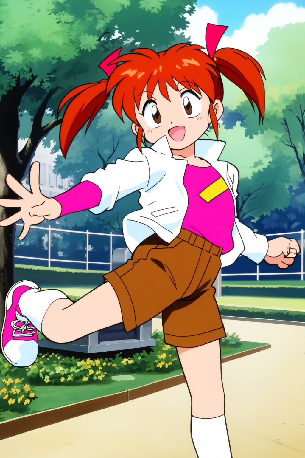 <lora:Ayame-chan_Pony_v1:0.7>,<lora:1990_Style_Pony:0.4>,<lora:add_detail:0.3>,
score_9,score_8_up,score_7_up,score_6_up,score_5_up,score_4_up,source_anime,
(masterpiece,highest quality,Super detailed,8k,High resolution,an extremely delicate and beautiful,Official Art,Perfect Anatomy:1.5),((90s anime,90s anime style,Cel-shaded anime,anime screencap,anime coloring:1.25)),(solo:1.5),
perfect face,beautiful,sexy,athletic body,shiny skin,
((Ayame-chan:1.52)),(orange hair, brown eyes, medium hair, twintails, sidelocks:1.4),(red hair ribbon:1.6),(short shorts, white jacket, roll up jacket sleeves, pink shirt, pink sleeves shirt, long sleeves shirt, short over long sleeves, brown shorts, white socks, white and pink sneakers:1.4),((dynamic pose, dynamic view,park:1.5)),