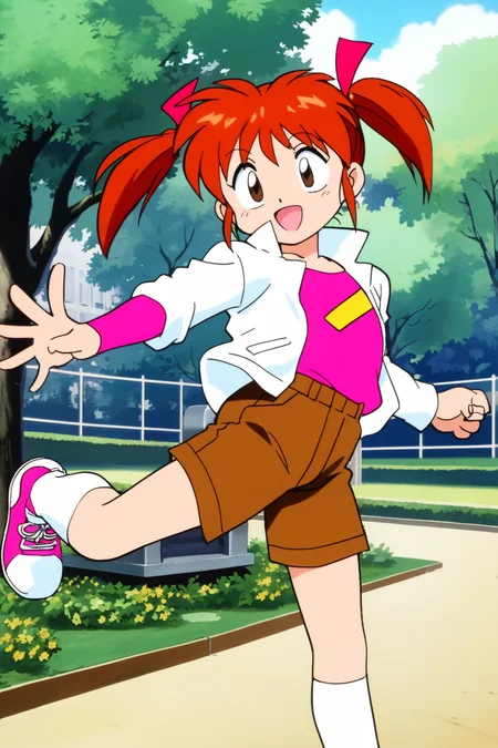 <lora:Ayame-chan_Pony_v1:0.7>,<lora:1990_Style_Pony:0.4>,<lora:add_detail:0.3>,
score_9,score_8_up,score_7_up,score_6_up,score_5_up,score_4_up,source_anime,
(masterpiece,highest quality,Super detailed,8k,High resolution,an extremely delicate and beautiful,Official Art,Perfect Anatomy:1.5),((90s anime,90s anime style,Cel-shaded anime,anime screencap,anime coloring:1.25)),(solo:1.5),
perfect face,beautiful,sexy,athletic body,shiny skin,
((Ayame-chan:1.52)),(orange hair, brown eyes, medium hair, twintails, sidelocks:1.4),(red hair ribbon:1.6),(short shorts, white jacket, roll up jacket sleeves, pink shirt, pink sleeves shirt, long sleeves shirt, short over long sleeves, brown shorts, white socks, white and pink sneakers:1.4),((dynamic pose, dynamic view,park:1.5)),