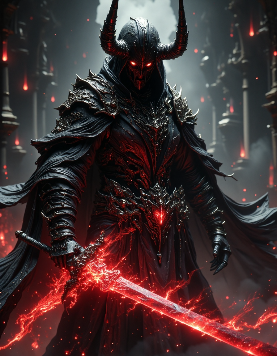 A foreboding futuristic robot figure garbed in black stands, donning a voluminous flowing robe and a sleek helmet with extremely long horns curving backwards, red glowing eyes pierce the dim light, an insanely glowing red massive katana illuminates the area, creating a stark contrast between the sharply defined character and the surrounding shadows, HKMagic, <lora:FantasyWizardWitchesFluxV2-000001:1>, <lora:Elden_Ring_-_Yoshitaka_Amano:0.4>, <lora:Dever_Flux_Enhancer:0.5>, <lora:FredFraiStyle-FLUX-Share:0.9>
