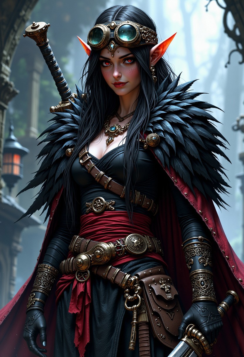 An attractive female elf that has dark skin, red eyes, and has long black hair. She wears no armor, but wears rugged adventuring clothes, with a black raven feather mantle, and a large pair of goggles. She is a professor of lost arcane knowledge, and is a warlock and sorcerer. She has a large glowing tattoo. She wields a large black great sword. Perfect hands, detailed hand, mythp0rt