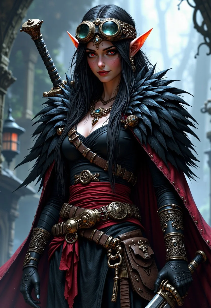 An attractive female elf that has dark skin, red eyes, and has long black hair. She wears no armor, but wears rugged adventuring clothes, with a black raven feather mantle, and a large pair of goggles. She is a professor of lost arcane knowledge, and is a warlock and sorcerer. She has a large glowing tattoo. She wields a large black great sword. Perfect hands, detailed hand, mythp0rt