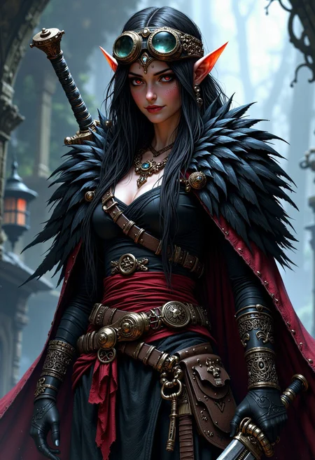 An attractive female elf that has dark skin, red eyes, and has long black hair. She wears no armor, but wears rugged adventuring clothes, with a black raven feather mantle, and a large pair of goggles. She is a professor of lost arcane knowledge, and is a warlock and sorcerer. She has a large glowing tattoo. She wields a large black great sword. Perfect hands, detailed hand, mythp0rt