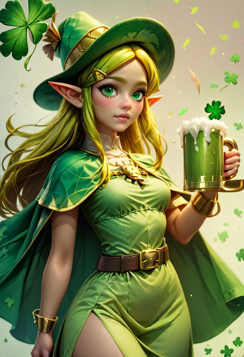 score_9, score_8_up, score_8, medium breasts, (ultra realistic,32k, masterpiece:1.2),(high detailed skin:1.1),( high quality:1.1), (curvy),
princess zelda, long hair, hairclip, pointy ears, green eyes,
ShamrockWorld, clover, four-leaf clover, light particles, solo, simple background, hat, white background, holding, belt, cup, no humans, animal, holding cup, alcohol, mug, green headwear, hat feather, animal focus, beer, beer mug, clover, four-leaf clover, green cape, green capelet,