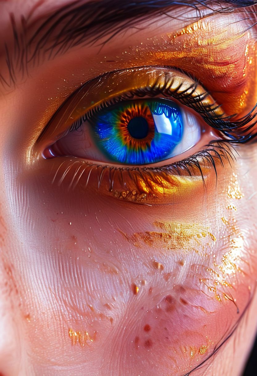 Woman, body art, hyper realistic eye, Satin Sheets Gold, Sapphire Blue, Peacock Blue,  skin, close-up, chaotic, flaming, skin texture, pulsating, cinematic angle,