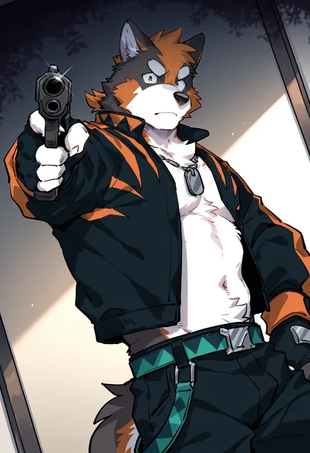 masterpiece, best quality, amazing quality, very aesthetic, year 2024, newest, highres, absurdres, male furry, 1boy, solo, bara, muscular, eno_fa, dog boy, dog tags, black jacket, black pants, green belt, open jacket, fingerless gloves, pointing gun at viewer, serious, furious, dark room, strong backlight, posing, cowboy shot, dutch angle, from side