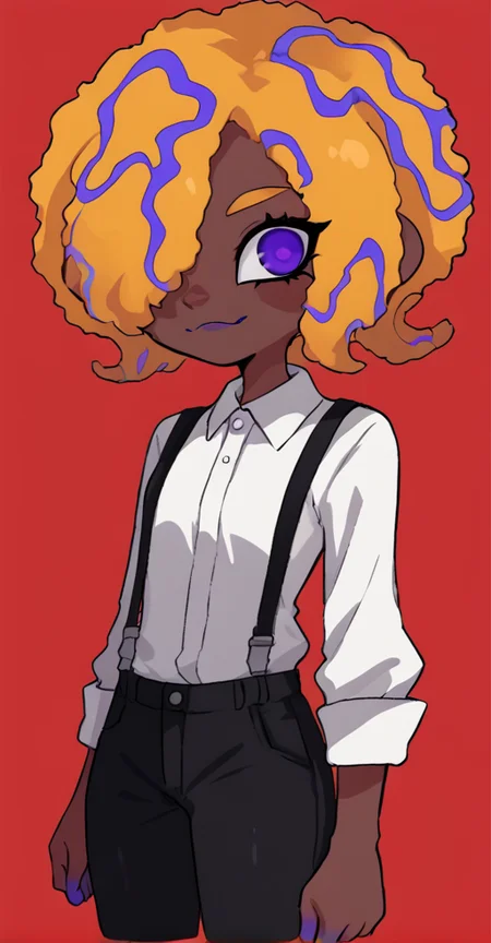 score_9, solo, 1girl, dark skin, black pants, pants, purple eyes, hair over one eye, shirt, simple background, red background, white shirt, <lora:tao_blu_splatoon:1>