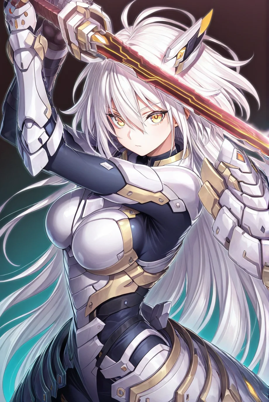 SkyStrikerAce-Zero,1girl,weapon,sword,yellow eye,(armor:1.1),long hair,holding weapon,holding,holding sword,solo,very long hair,yellow eyes,looking at viewer,breasts,white hair,upper_body,<lora:Sky Striker Ace - Zero:0.8>,gradient_background,two-tone_background,, masterpiece,best quality,amazing quality,