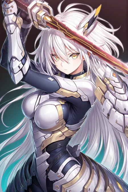 SkyStrikerAce-Zero,1girl,weapon,sword,yellow eye,(armor:1.1),long hair,holding weapon,holding,holding sword,solo,very long hair,yellow eyes,looking at viewer,breasts,white hair,upper_body,<lora:Sky Striker Ace - Zero:0.8>,gradient_background,two-tone_background,, masterpiece,best quality,amazing quality,