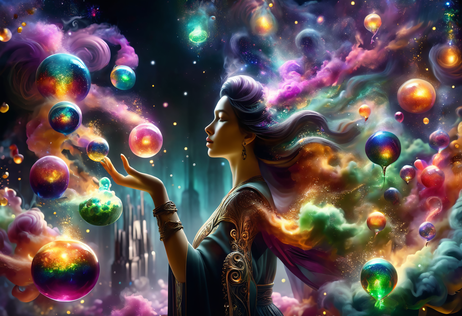 hyper detailed masterpiece, dynamic, awesome quality,female caster casting  myriad of tiny swirling vials filled with liquids of every imaginable color, glowing softly, each vial emits a unique pattern of sparkles or smoke, representing the intricate and varied effects of potion magic, air is filled with a symphony of subtle, enchanting scents, hinting at the powerful transformations contained within each concoction DonMM4g1cXL <lora:DonMM4g1cXL_v1.2:1>