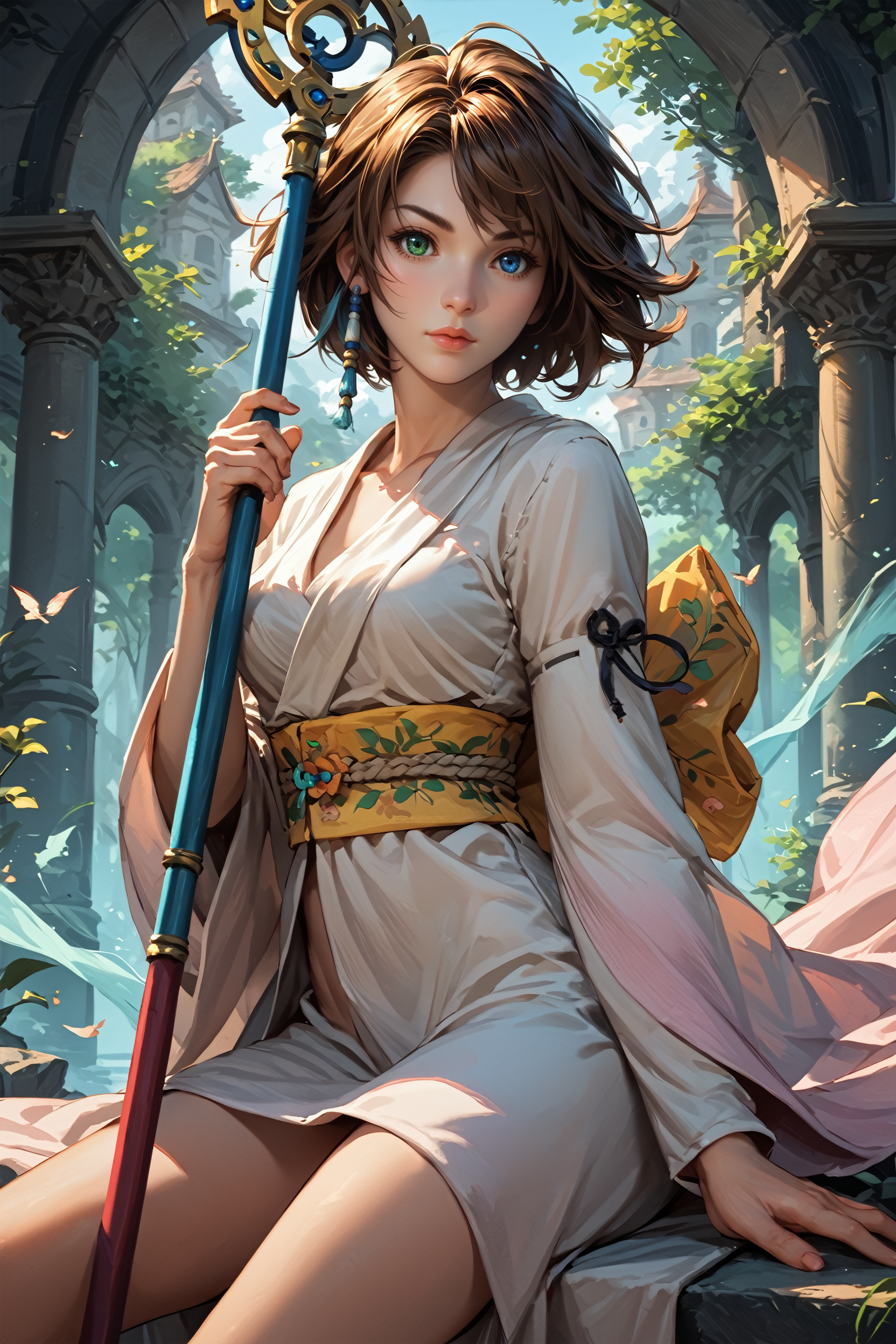 score_9, score_8_up, score_7_up, score_6_up
<lora:FFYuna:0.8>
FFYuna, 1girl, brown hair, short hair, blue eyes, green eyes, heterochromia, robe, holding staff, mafic, sitting, dynamic pose