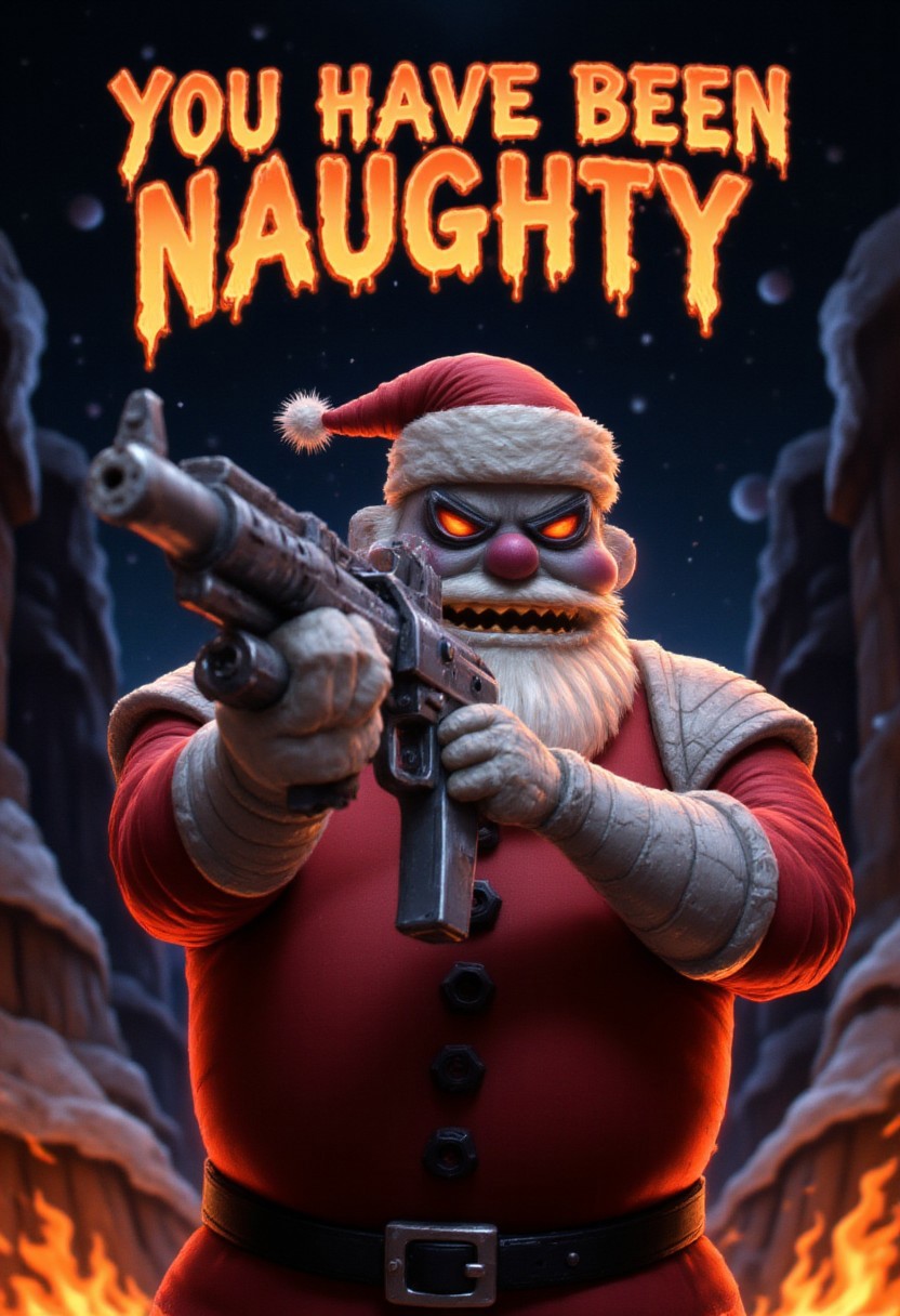 A Semi-Realistic Robot Santa stands menacingly with metallic skin, pointing a machine gun directly at the viewer. His glowing red eyes and metallic beard emphasize his ruthless demeanor. At the top of the image, bold text reads: "You Have Been Naughty". Fire in the background. Rendered in the highest quality.