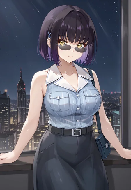 MorridowCasual, sleeveless shirt, large breasts, black hair, bangs, short hair, blue shirt, black belt, sunglasses, collared shirt, bare shoulders, long skirt, multicolored hair, breast pocket, hair ornament, shoulder bag, yellow eyes, black skirt, collarbone, striped, purple hair, shirt tucked in,

looking away, head tilt, light smile, hand up,

window, city, cityscape, dark, night, night sky,

1girl, solo, solo focus, highres, absurdres, light particles, shade, lens flare, shiny skin, fine fabric emphasis,