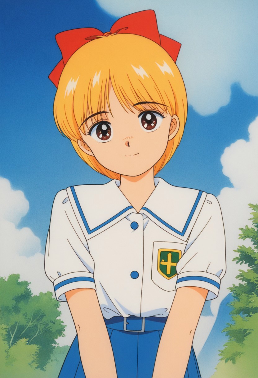 masterpiece, best quality, source_anime,official art,perfect_anatomy,1990s_\(style\),retro_artstyle,1girl, Himeko_Nonohara, brown_eyes, blonde_hair, red_bow, hair_bow,school uniform,Long-hemmed shirt,skrit,(looking_at_viewer,smile),cowboy shot,close to viewer,day,blue_sky,cloud