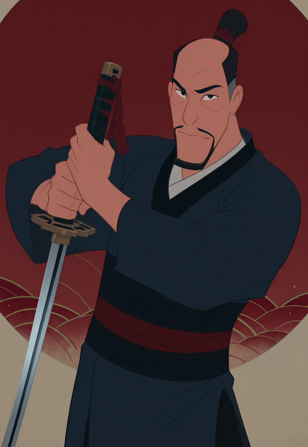 solo, masterpiece, detailed, ultra hd, best quality, 1boy, male, official art, w0lfc0nf, modern, new
DisneyFaZhou, black hair, facial hair, beard, topknot, japanese clothes, holding sword, combat pose