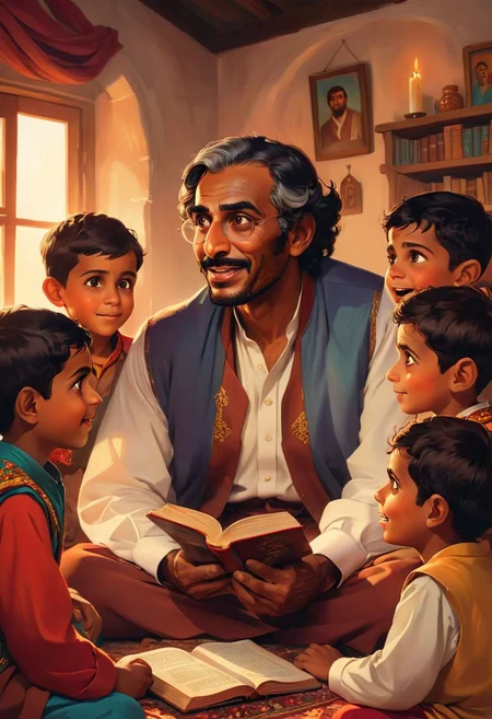 close-up of Rashid Khalifa, kind face, expressive eyes, colorful traditional attire, telling a story, warm glow, animated expression, surrounded by listening children, book in hand, storytelling scene, cozy setting