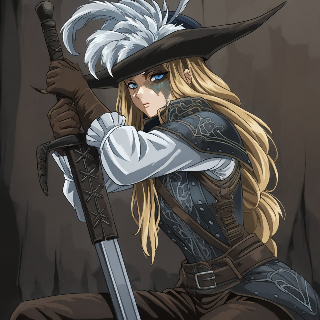 masterpiece, best quality, newest, absurdres, highres, anime, anime style, 1girl, DS2Luc-V1.1, blonde, armor, hat, tricorne, brown gloves, long sleeves, hat feather, blue eyes, long hair, DS2Luc-V1.1-hollowing, scar, holding, holding weapon, sword, holding sword,