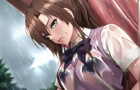 score_7_up, BREAK source_anime, QueasySV4XL, KSayakaV4XL, 1girl, (looking down:1.4), looking at viewer, rain, solo, sweater vest, wet, bow, school uniform, parted lips, shirt, blurry, blurry background, bowtie, upper body, profile, white shirt, blurry background, outdoors, wet hair, rainy day, see-through, black bra, clouds, <lora:KSayakaV4XL-TEST4:0.8>, <lora:QueasySV4XL:1>