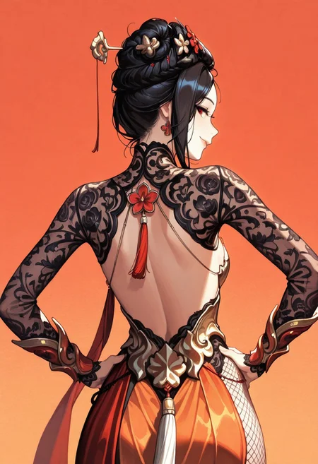 (score_9, score_8, score_7), masterwork, masterpiece, best quality, beautiful eyes, beautiful face, detailed eyes,detailed face, 1girl, guibin, red and gold korean-style dress, black lace mesh sleeves, exposed shoulders and back, gold metallic chest armor, high slit skirt, red ribbon and floral ornaments, golden waist armor, fishnet stockings, translucent orange back drape, sharp metallic cuffs and claw-like accents, high heels, tight-fitting silhouette, highly detailed fabric texture, back view, confident posture, floral hip ornament, hands on waist, upper body, seductive smile, seductive pose, from behind, looking behind