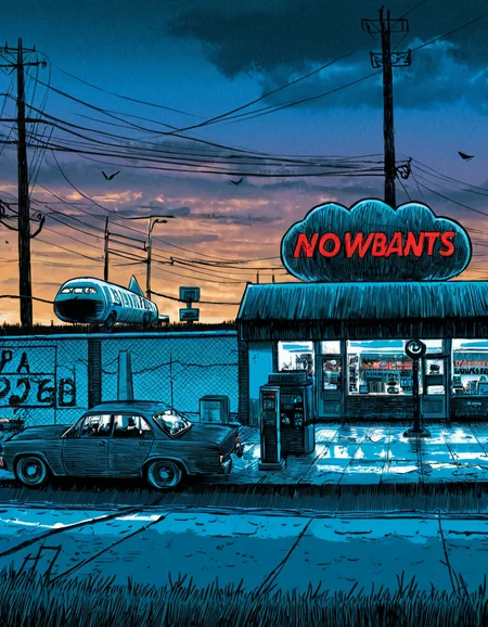 concept art  . digital artwork, illustrative, painterly, matte painting, highly detailed,
t1md0yl3, outdoors scenery, sky, cloud, tree, no humans, cloudy sky, 
a car parked in front of a convenience store,
building, motor vehicle, fence, car, road, vehicle focus, brick wall, lamppost, power lines, street, chain-link fence, utility pole,
nuclear power station stacks,
<lora:tim_doyle-SDXL-v1:1>
