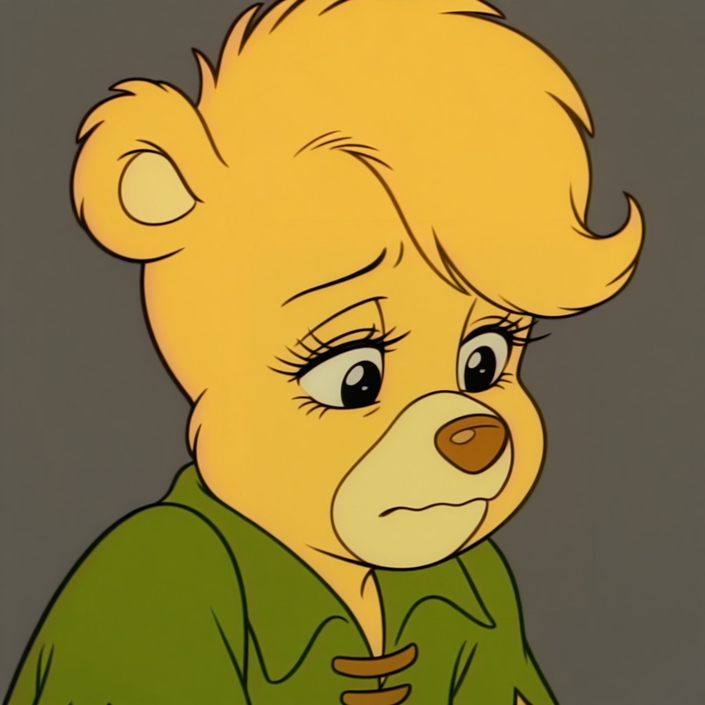 masterpiece, best quality, amazing quality, retro artstyle, sunni, female, furry female, anthro, young, solo, bear, yellow fur, short hair, black eyes, yellow muzzle, brown nose, eyelashes, paw pads, short, green shirt, sad, close up, portrait, grey background