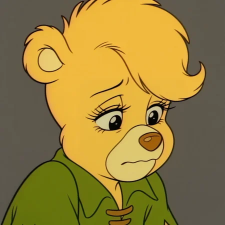 masterpiece, best quality, amazing quality, retro artstyle, sunni, female, furry female, anthro, young, solo, bear, yellow fur, short hair, black eyes, yellow muzzle, brown nose, eyelashes, paw pads, short, green shirt, sad, close up, portrait, grey background