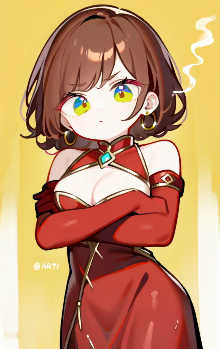 1girl, 
long dress, green eyes, looking at viewer, red gloves, simple background, red dress, breasts, makeup, standing, yellow background, closed mouth, solo, crossed arms, elbow gloves, brown hair, lips, two-tone background, cleavage, dress, artist name, large breasts, short hair, jewelry, gloves, lipstick, hoop earrings, eyelashes, earrings, cigarette holder0, white background, pale skin
 <lora:tianliang3:1>