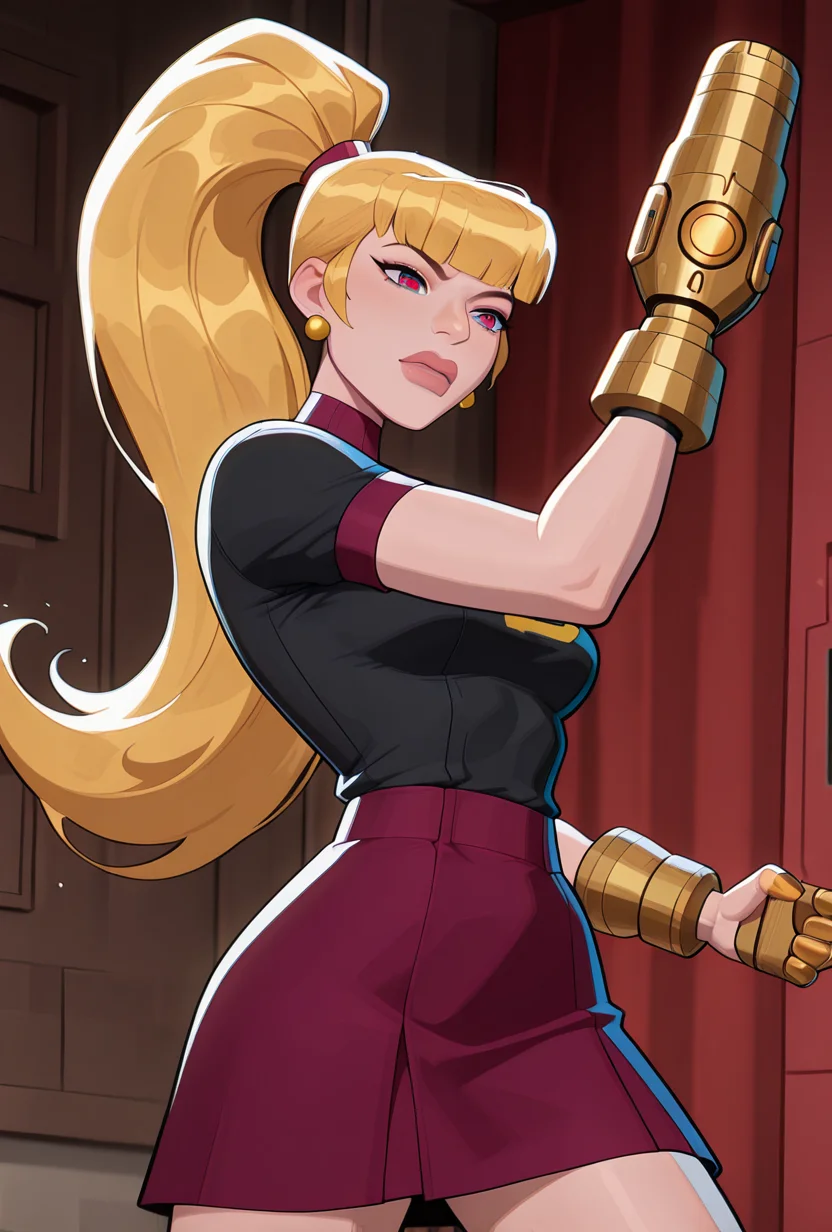 <lora:mazuma-10:1> mazuma, blonde hair, ponytail, long hair, 1girl, earrings, black shirt, short sleeves, short skirt, red blue eyes, heterochromia, lips, maroon skirt, ((cartoon, screencap)), dynamic pose, expressive, amazing quality, best quality, facial expression , <lora:AMarvelRivals_style:1> MarvelRivals, , , semi realistic, cartoon, hand cannon, arm cannon, arm canon, hand canon, movie poster, masterpiece, best quality, amazing quality, very aesthetic, absurdres, newest,