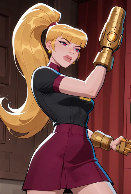 <lora:mazuma-10:1> mazuma, blonde hair, ponytail, long hair, 1girl, earrings, black shirt, short sleeves, short skirt, red blue eyes, heterochromia, lips, maroon skirt, ((cartoon, screencap)), dynamic pose, expressive, amazing quality, best quality, facial expression , <lora:AMarvelRivals_style:1> MarvelRivals, , , semi realistic, cartoon, hand cannon, arm cannon, arm canon, hand canon, movie poster, masterpiece, best quality, amazing quality, very aesthetic, absurdres, newest,