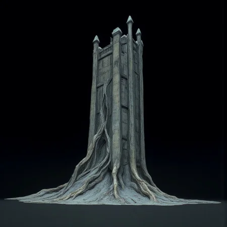 A Medieval Tower with elderscrolls inspired aestetics and legend of zelda
Set against a solid dark black color background to emphasize its unsettling unnatural form that emphasizes its silhouette. The medium is not a traditional painting or illustrative medium like watercolor or ink but rather a digital 3D rendering.
MikeFranchinastyle, d4artstyle, d4concept, , bbstyle,, horror theme,, zbrush, ZBClay model of a gray sculpture, 1990's, 1990's style
