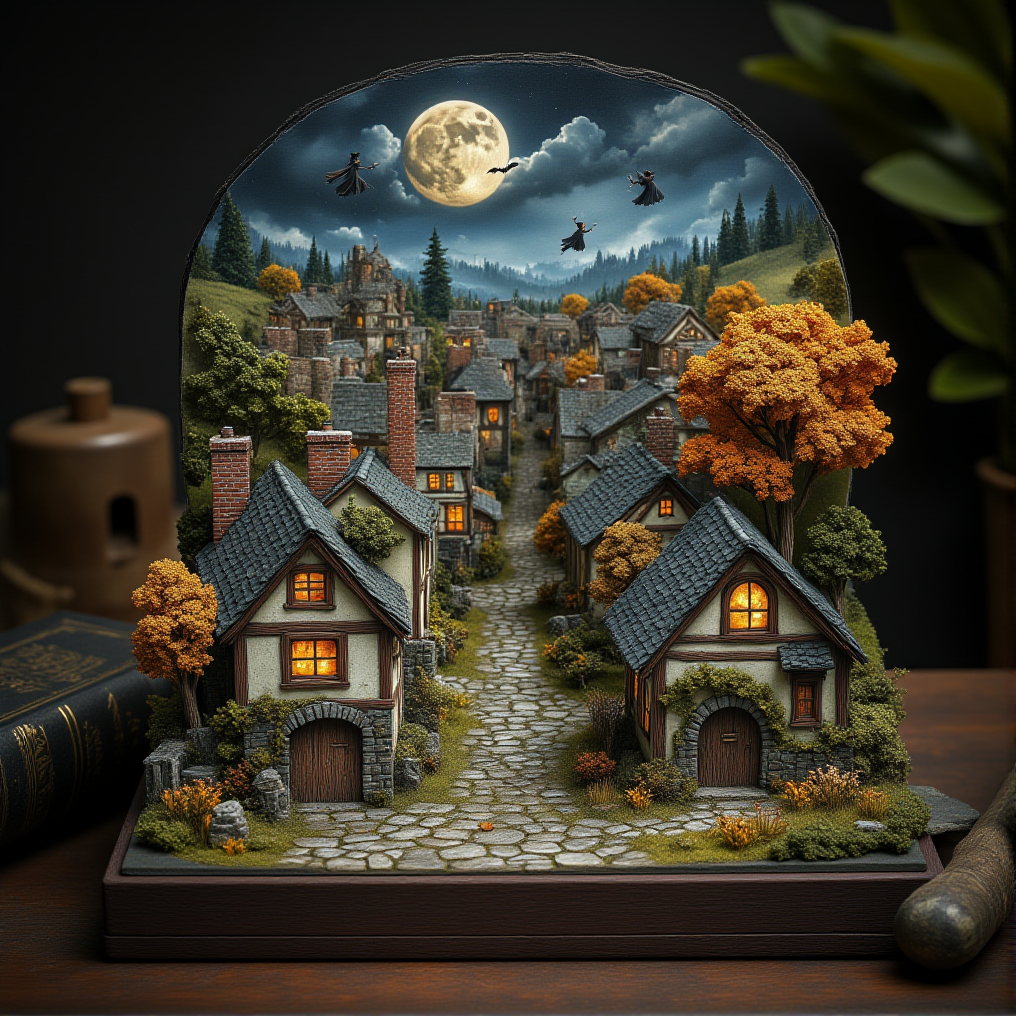 This is a miniature diorama that recreates a town lined with old buildings reminiscent of Medieval Europe, and a world where young, beautiful witches fly through the sky on broomsticks. It is placed next to a grimoire. Each roof and wall is carefully weathered, and professional lighting gives it an indistinguishable finish from the real thing.
<lora:Flux.1_Turbo_Detailer:0.7>, <lora:Diorama_Flux:0.9>